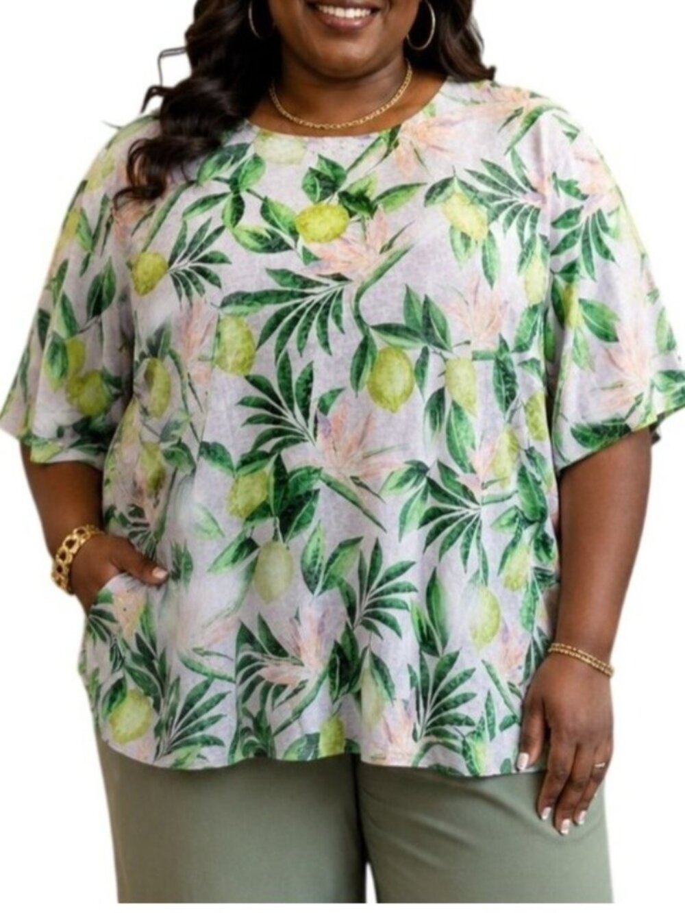 Ruby Rd. Plus Size 2X Top Semi-Sheer Floral Printed Short Sleeve Embellished